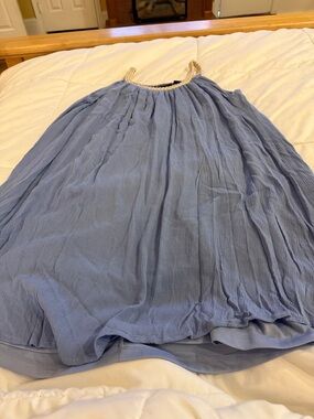 Nina Leonard Pale Blue Pleated Dress with Gold Roping at neckline